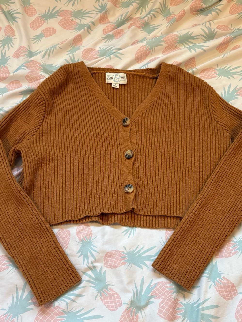 Jun & Ivy Cropped Ribbed Cardigan in Rust